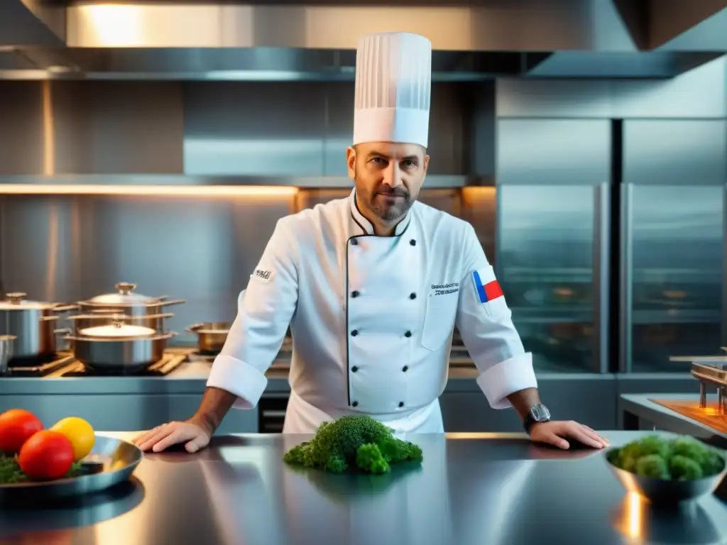 Un chef francés innovador en un laboratorio de cocina moderno, creando platos que fusionan tradición y vanguardia culinaria