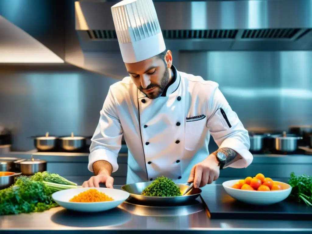 Chef francés innovador creando plato en cocina vanguardista