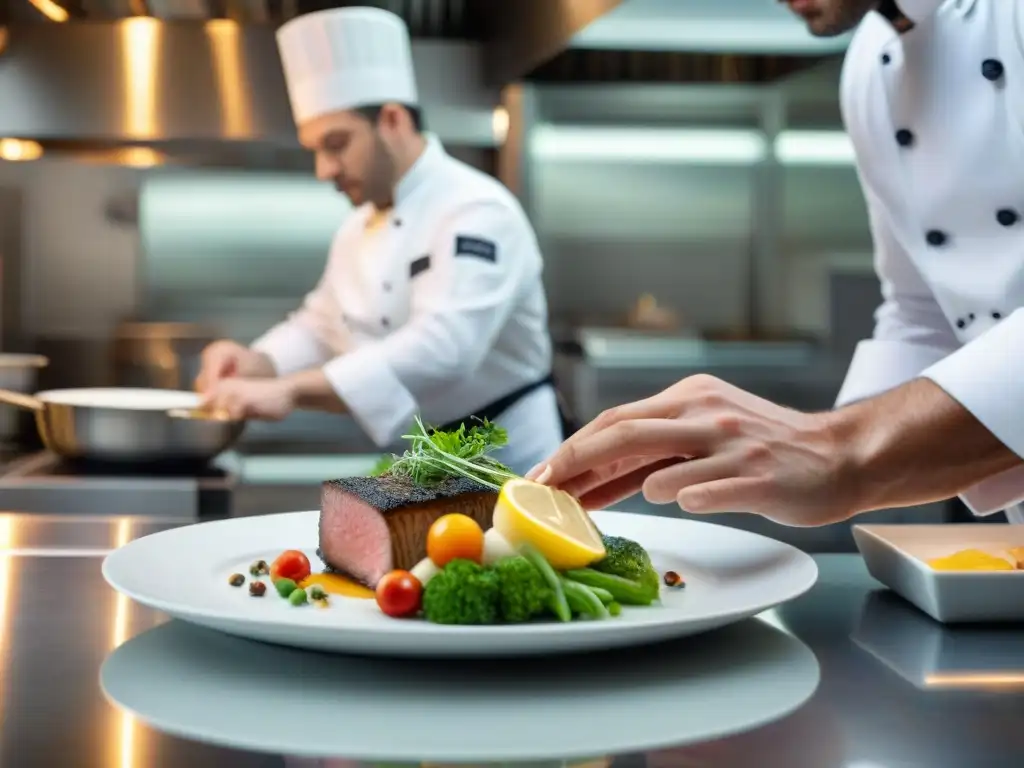 Un chef innovador plantea un plato francés moderno en una bulliciosa cocina de bistró