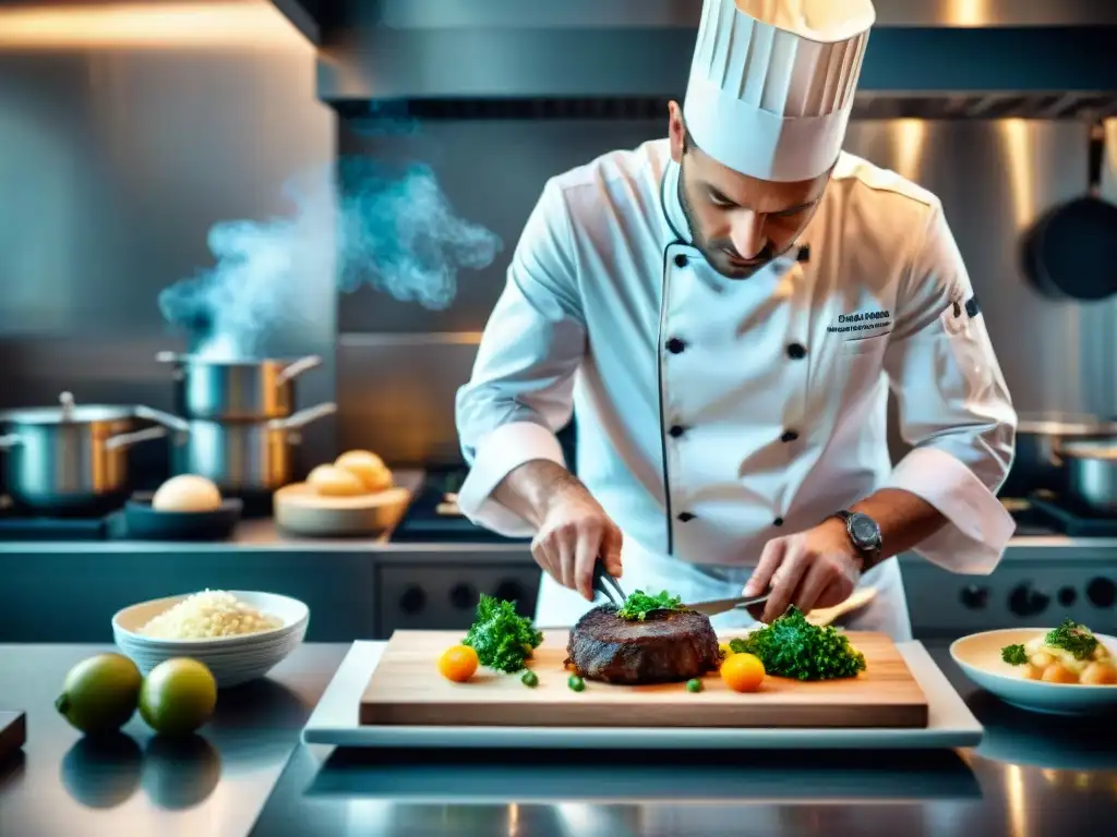 Chef francés innovador preparando un plato sofisticado en cocina moderna