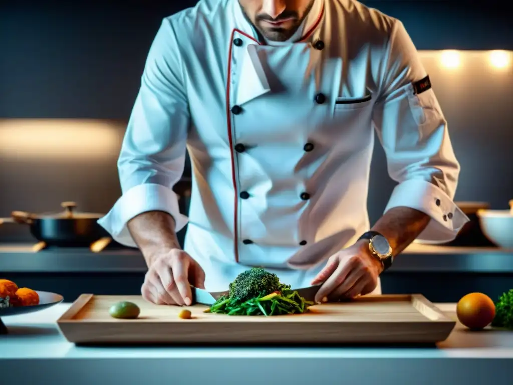 Chef francés innovador creando plato vanguardista en cocina minimalista