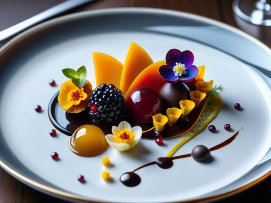 Chef francés innovador en gastronomía crea postre vibrante con frutas y flores comestibles