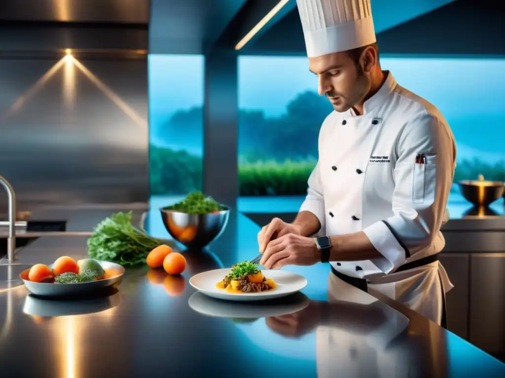 Un chef francés innovador en un restaurante moderno, creando platos vanguardistas