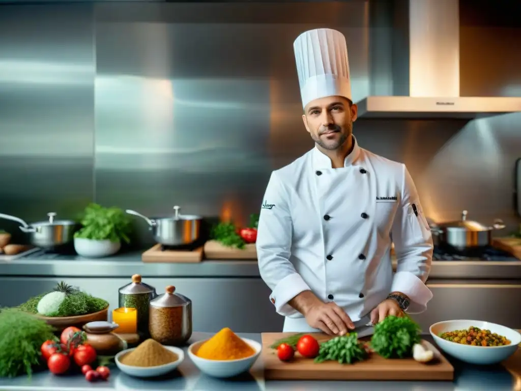 Un chef francés innovador fusionando tradición culinaria en una cocina moderna