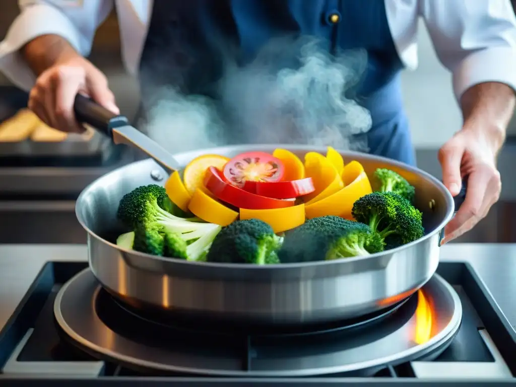 Un chef inspirado por la gastronomía francesa y el cine, crea una obra de arte con coloridas verduras en una sartén caliente