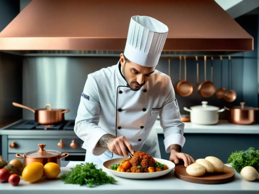 Un chef francés crea una interpretación innovadora de un plato clásico en una cocina francesa tradicional innovadora