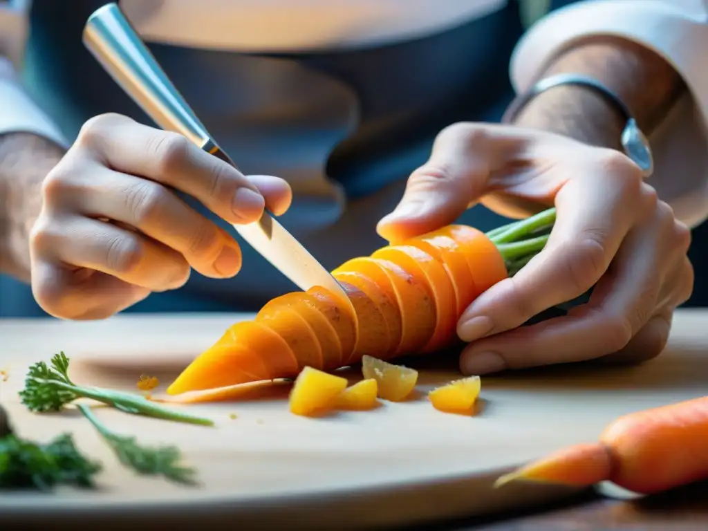 Un chef francés hábil tallando una intricada flor en una zanahoria