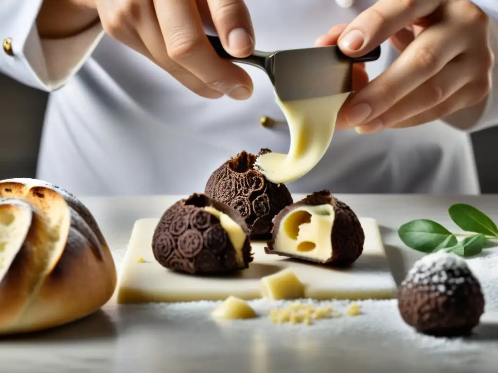 Un chef italiano experto y detallista rallando trufas sobre un plato francés, fusionando influencias culinarias