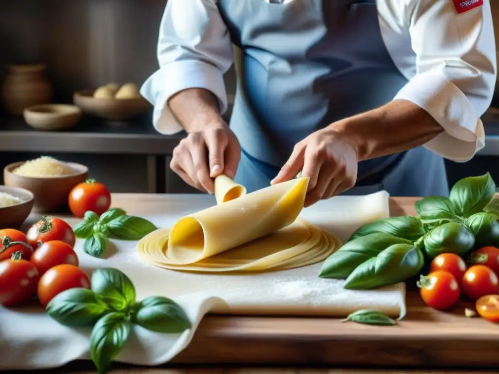 Un chef italiano experto enrollando pasta fresca en una cocina rústica, rodeado de ingredientes frescos como tomates, albahaca y queso Parmesano