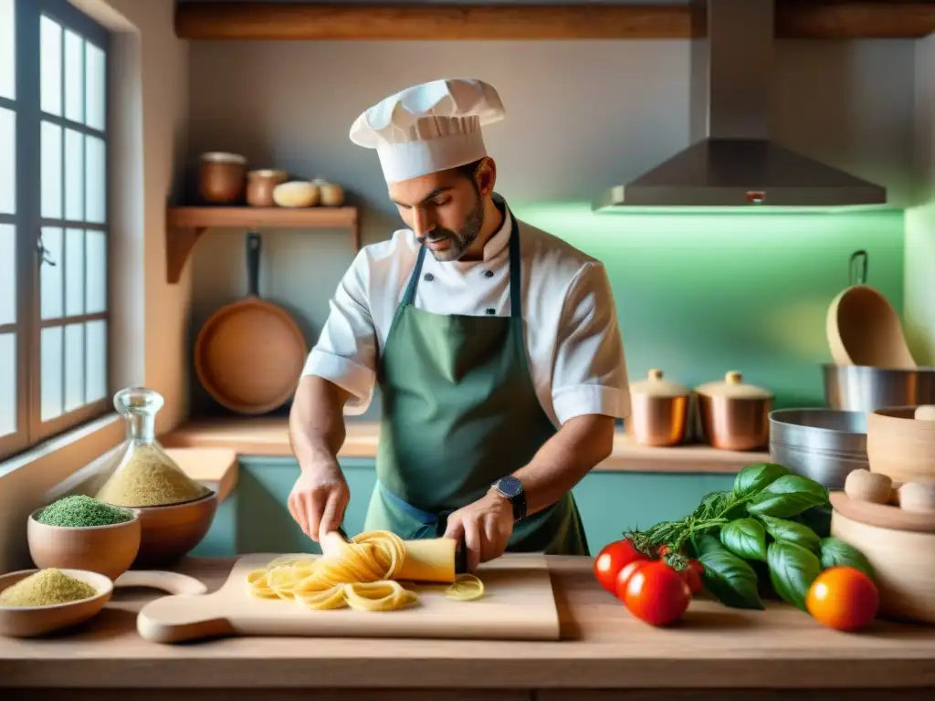 Un chef italiano prepara pasta fresca en una cocina rústica de RódanoAlpes con influencia italiana