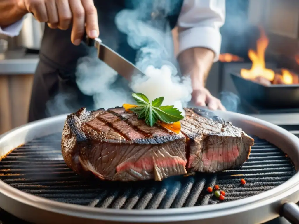 Un chef hábil sazona una jugosa carne en una parrilla, creando una atmósfera de maestría en un bistró de Rennes