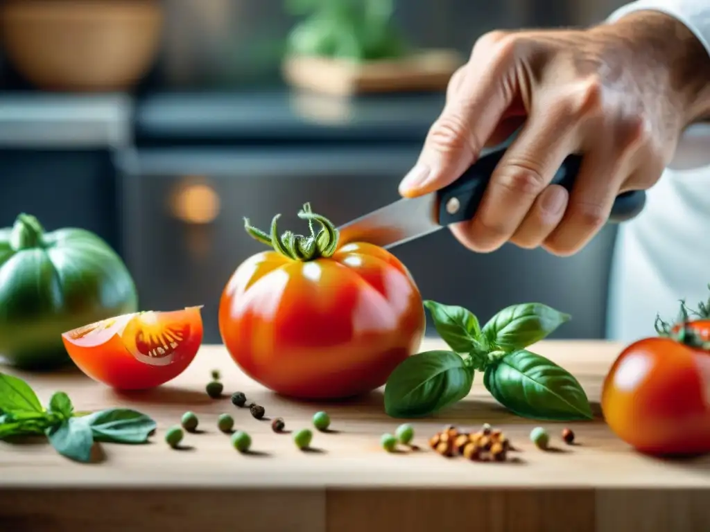 Un chef francés corta una jugosa y colorida herencia tomate con precisión