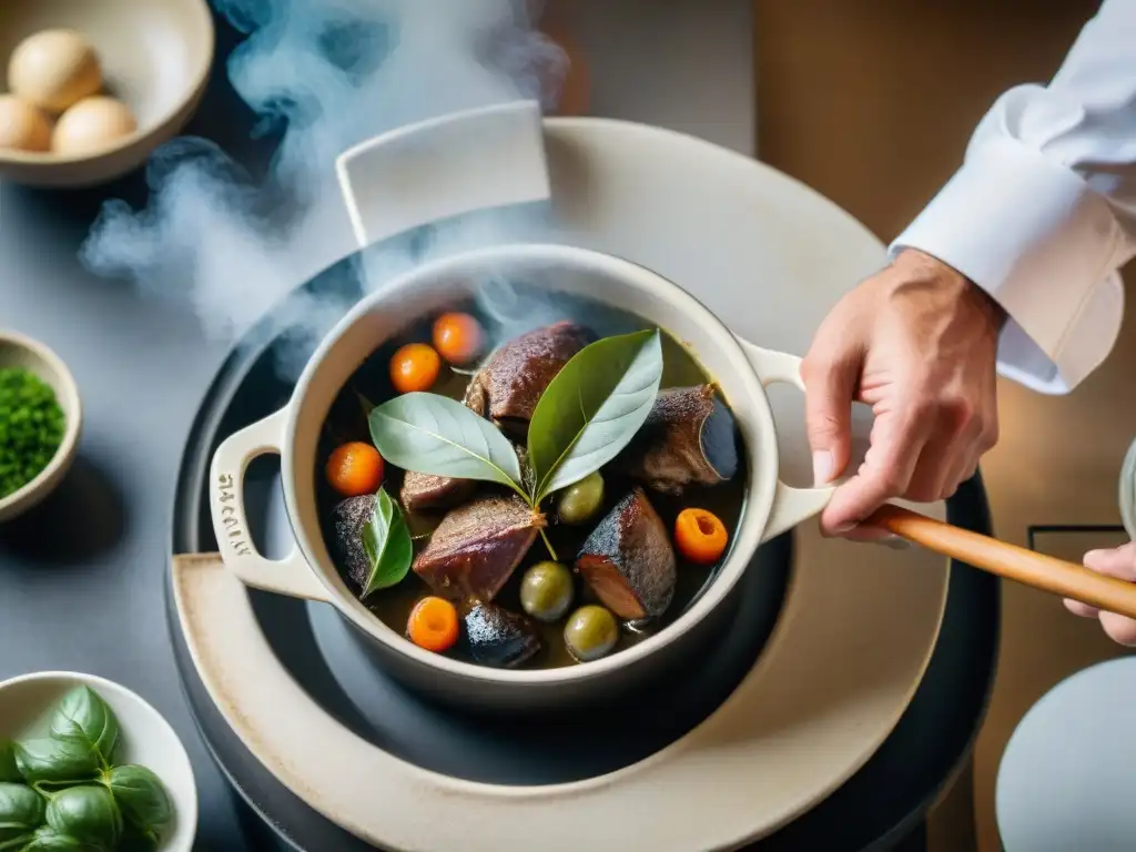 Chef añade hoja de laurel a Coq au Vin, resaltando usos del laurel en cocina francesa