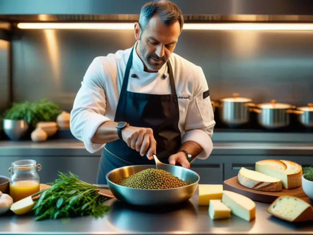 Chef francés preparando lentejas con maestría en una cocina tradicional