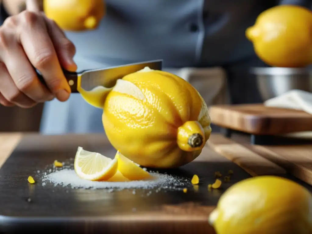 Un chef francés hábil zesteando un limón sobre tabla de madera