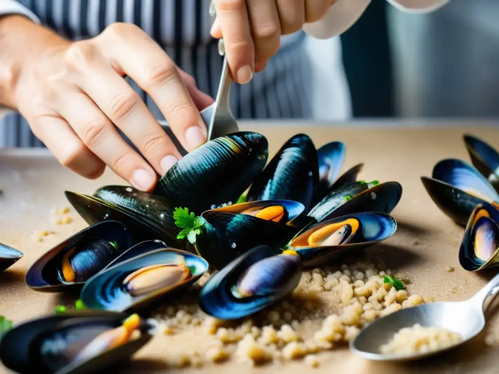 Un chef limpia meticulosamente mejillones frescos en una cocina rústica, destacando la preparación de moluscos en la cocina francesa