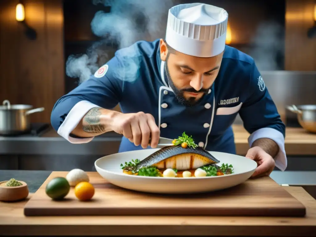 Un chef lionesa experto moldea una quenelle de brochet con delicadeza, reflejando la auténtica receta y técnica culinaria