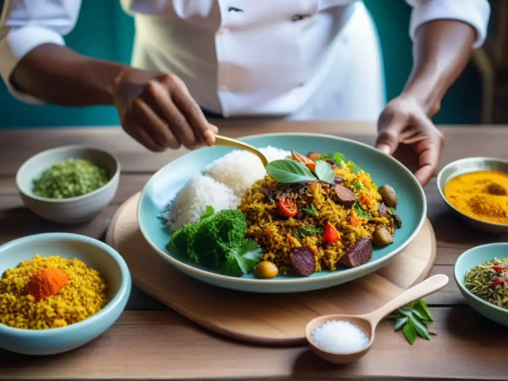 Un chef local de Mayotte prepara con maestría un Pilaou tradicional rodeado de ingredientes vibrantes