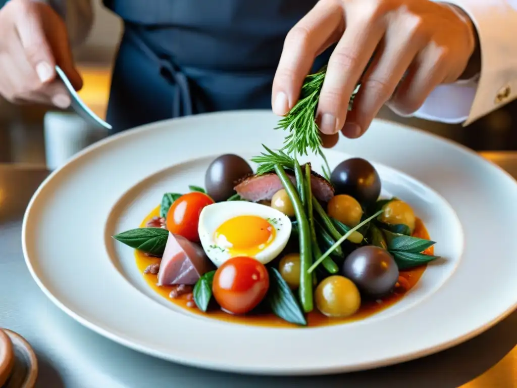 Chef local preparando un plato Niçoise en uno de los mejores bistrós de Niza, lleno de encanto y autenticidad