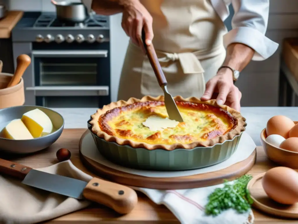 Chef preparando Quiche Lorraine en una cocina francesa tradicional: historia quiche lorena gastronomía global