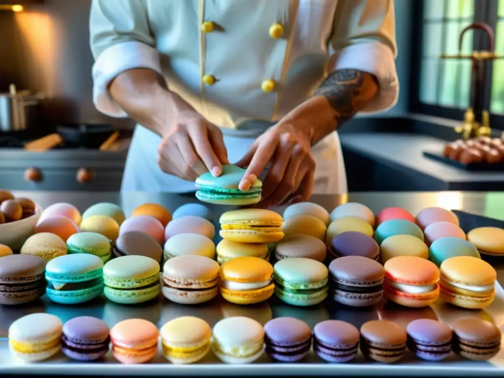 Un chef francés organiza meticulosamente macarons coloridos en una bandeja delicada, bajo una suave iluminación natural