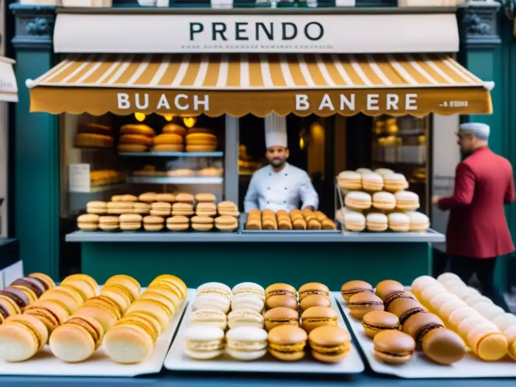 Un chef inspecciona macarons en una boulangerie parisina