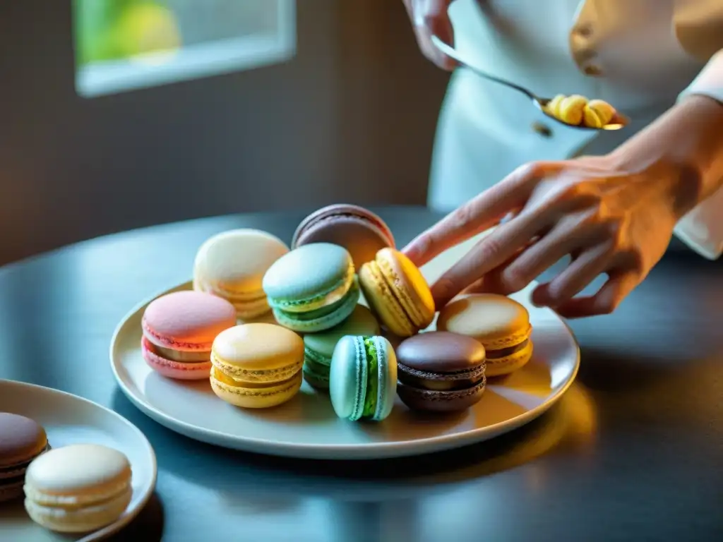 Un chef francés tradicional arregla macarons con precisión en una elegante bandeja de porcelana, en una fotografia de gastronomía francesa tradicional