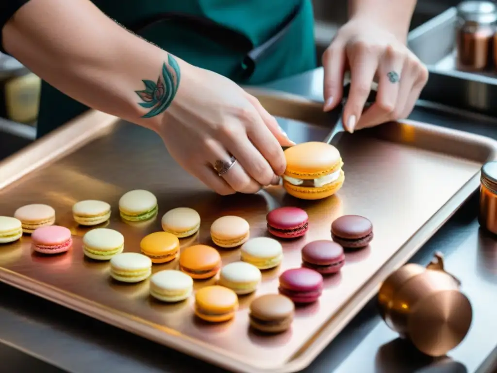 Chef preparando macarons con técnicas profesionales en una cocina parisina vibrante