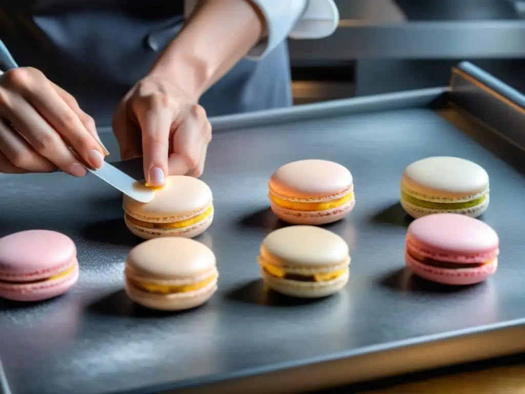 Chef preparando macarons técnicas profesionales con destreza y precisión