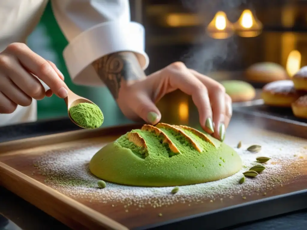 Un chef francés espolvorea cardamomo en una madeleine dorada en una panadería parisina vintage