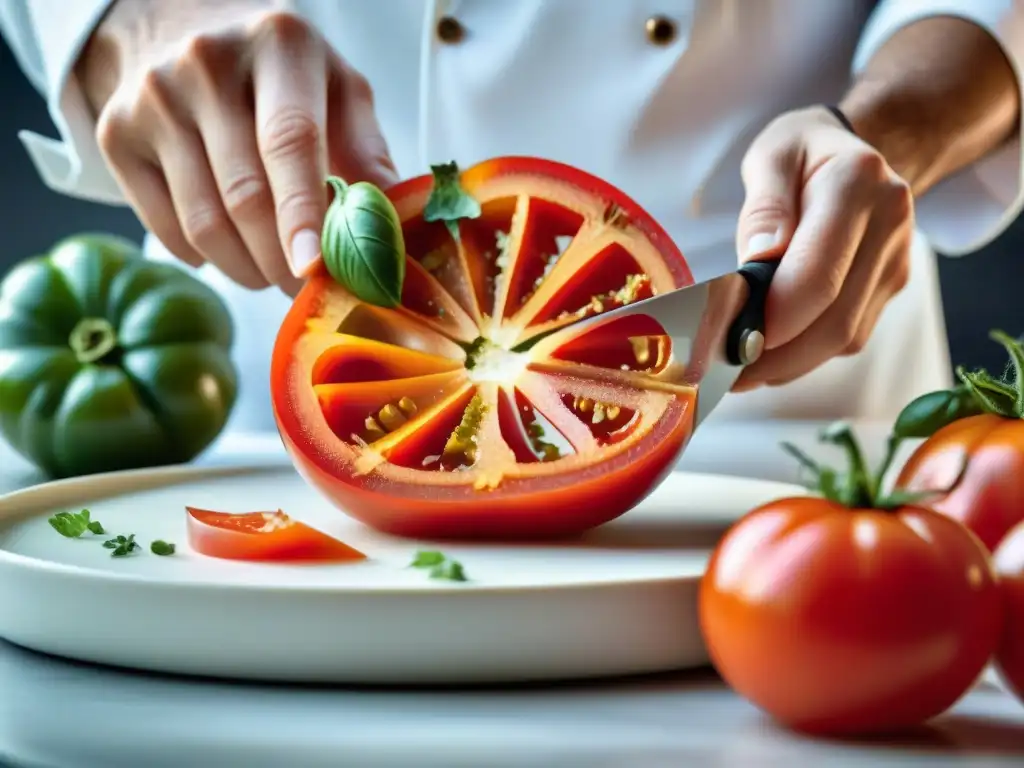 Un chef maestro corta con precisión un tomate maduro con un mandolina francesa brillante