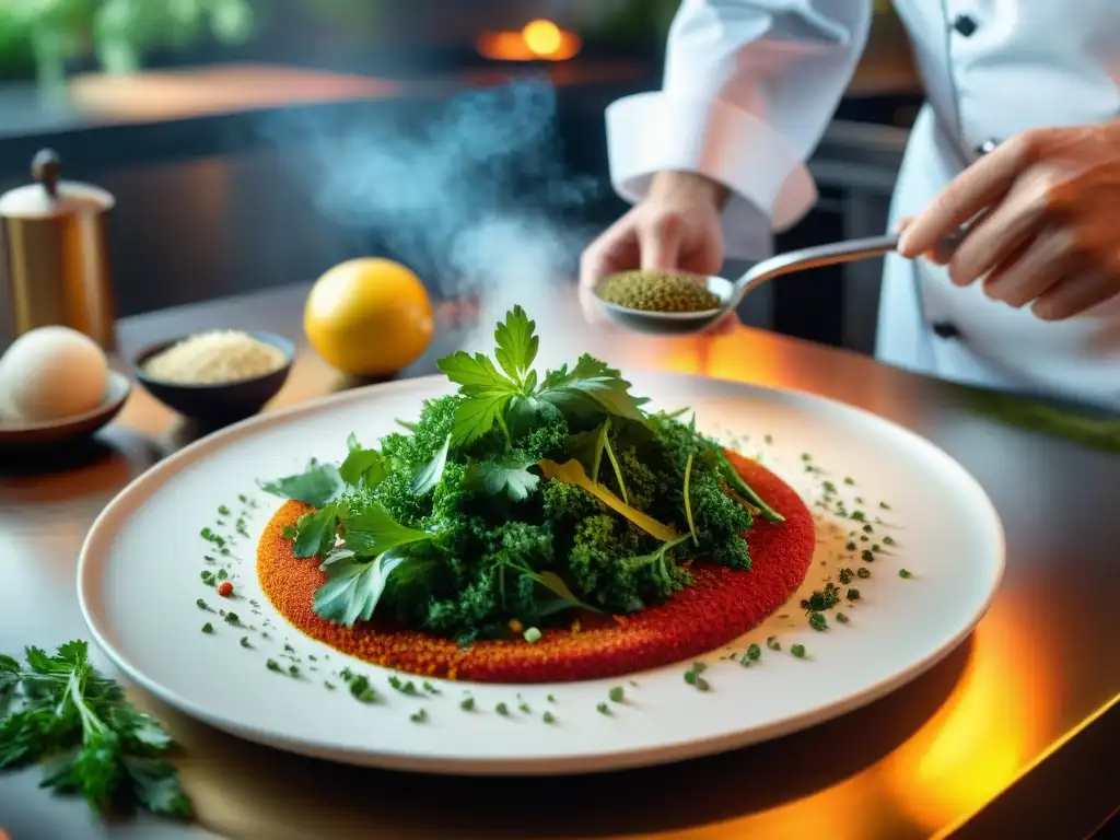 Un chef maestro esparce con delicadeza sus ingredientes secretos en una cocina francesa