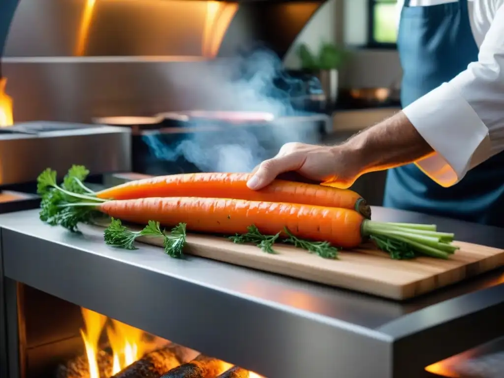 Un chef maestro tallando una detallada flor en una zanahoria, reflejando la evolución del tallado en gastronomía francesa