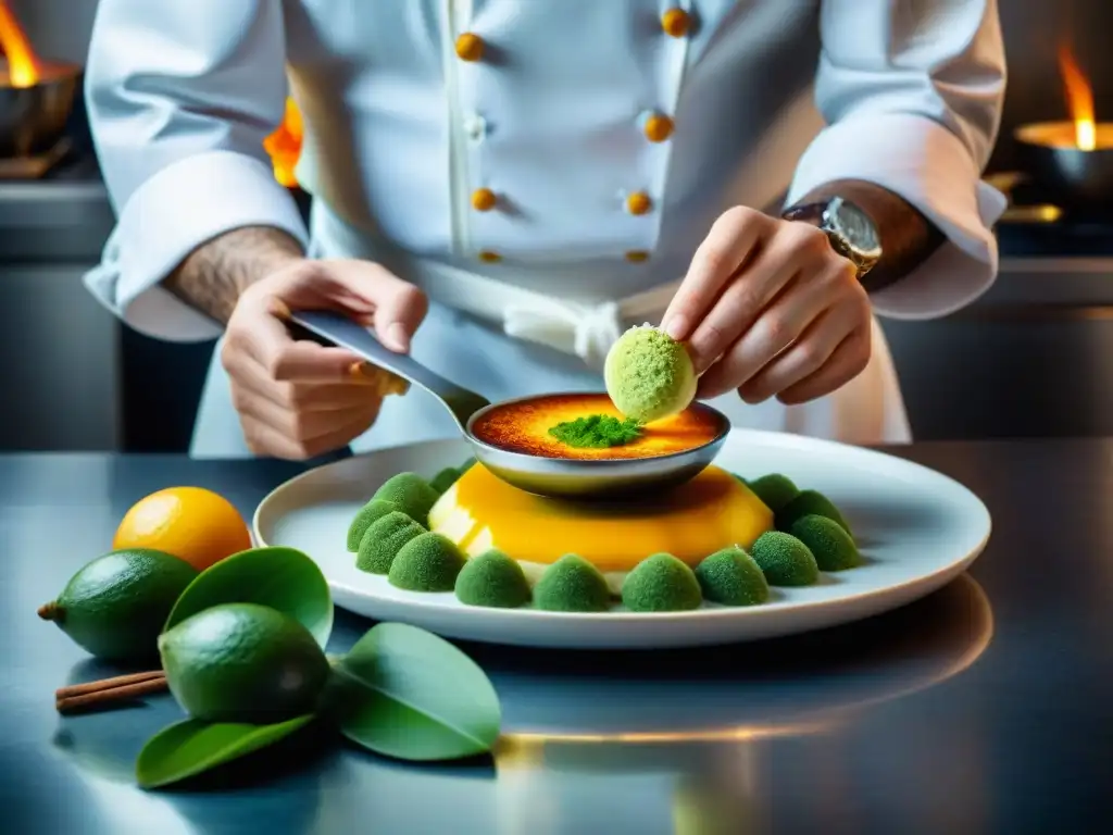 Un chef maestro crea una adaptación exótica de crème brûlée en una cocina moderna, reflejando la fusión de culturas culinarias