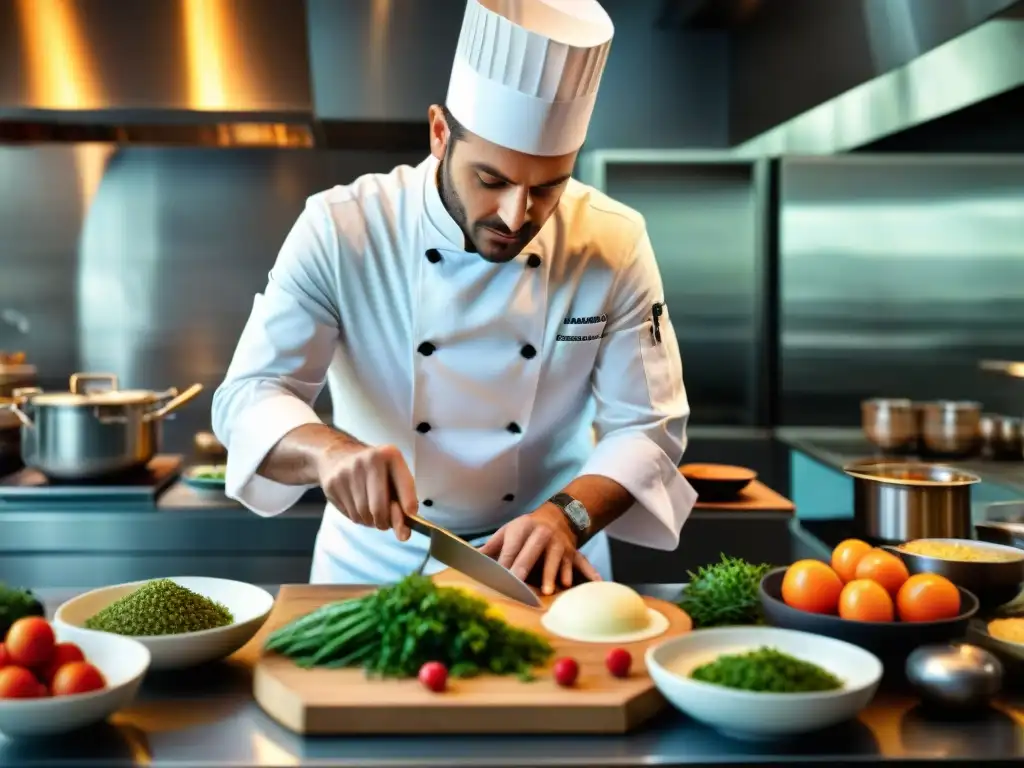 Un chef francés maestro crea una innovadora obra culinaria en una cocina moderna