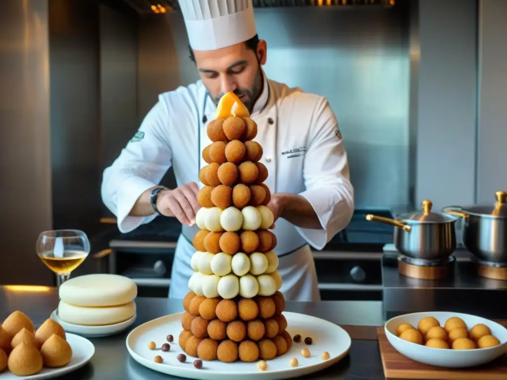 Chef francés crea croquembouche: detalle y maestría culinaria Un chef francés maestro crea con precisión un croquembouche, rodeado de utensilios y ingredientes tradicionales