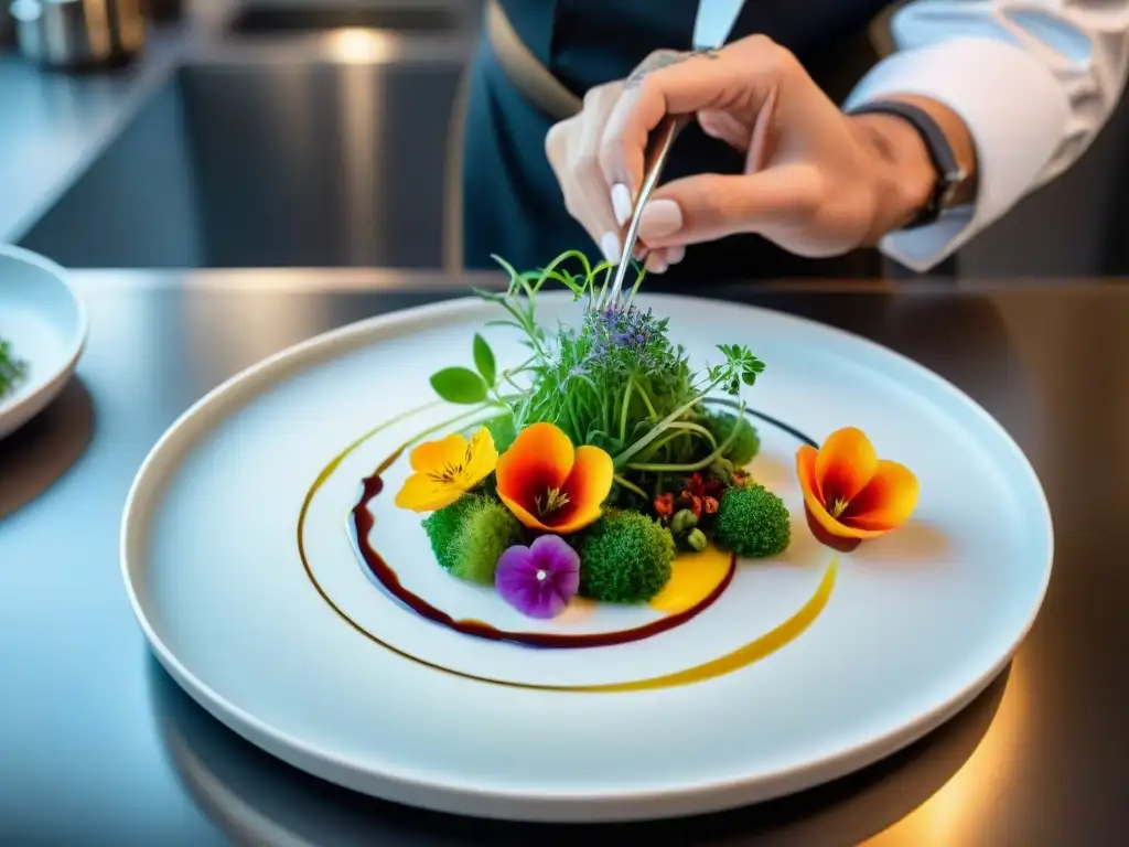 Un chef maestro crea presentaciones audaces de platos clásicos franceses con flores comestibles y microgreens en un elegante plato blanco