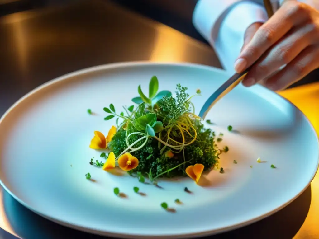 Un chef maestro en un restaurante parisino de alta gama, plato avant-garde con microgreens y flores comestibles