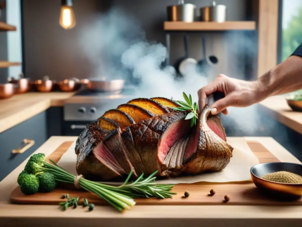 Un chef maestro atando un rosbif con precisión en una cocina francesa tradicional, rodeado de hierbas frescas y utensilios rústicos