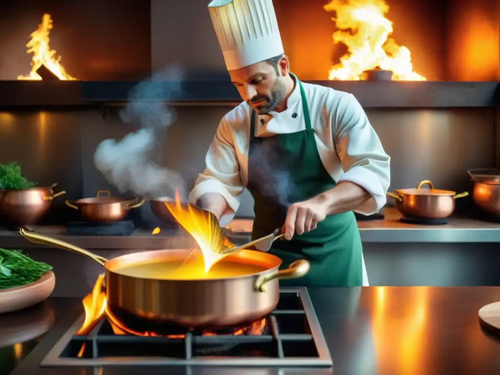 Un chef francés clarifica mantequilla en una cocina tradicional, mostrando maestría culinaria y arte gastronómico