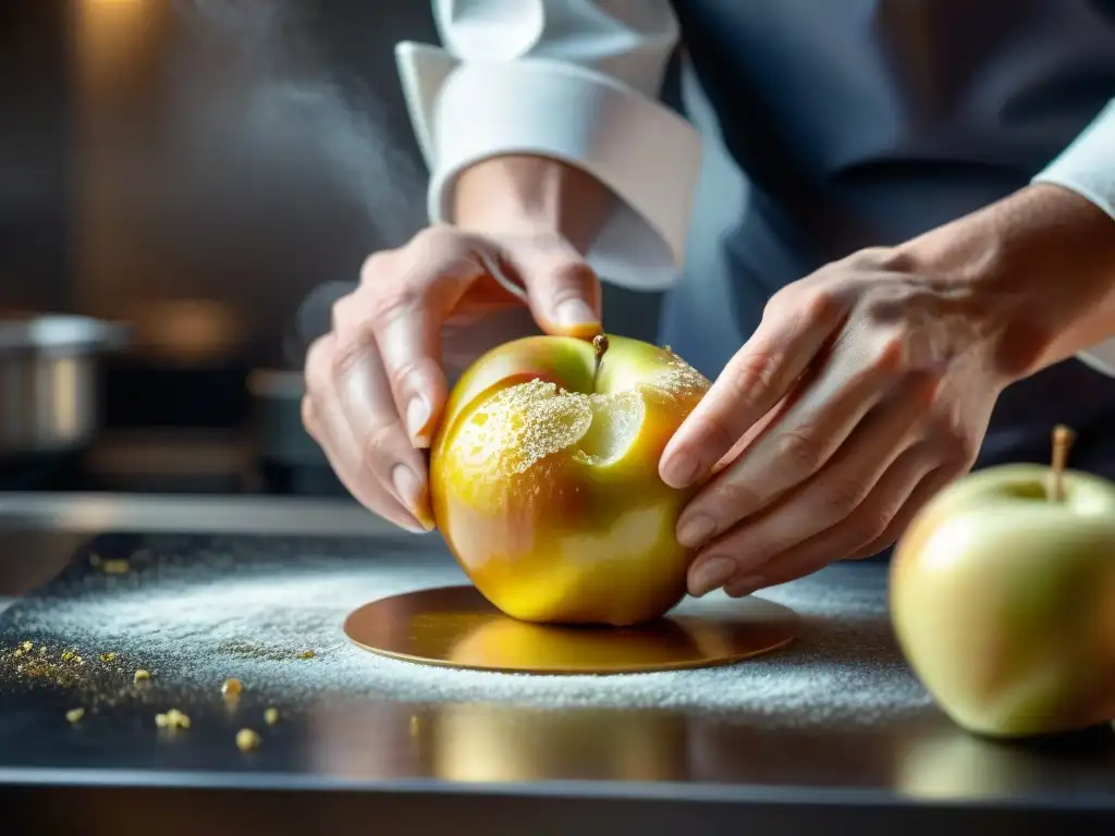 Un chef pelando una manzana dorada para una Tarta Tatin, resaltando la destreza y precisión con Utensilios para Tarta Tatin