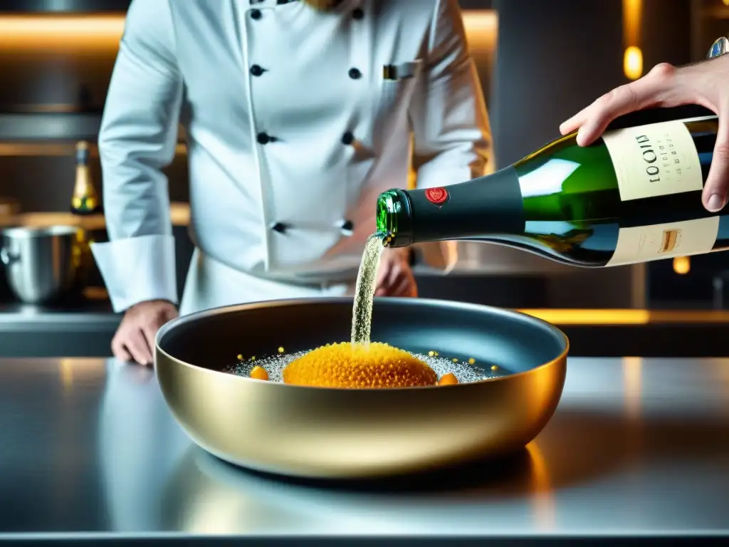 Un chef prepara un maridaje con Champagne innovador en una cocina elegante y moderna