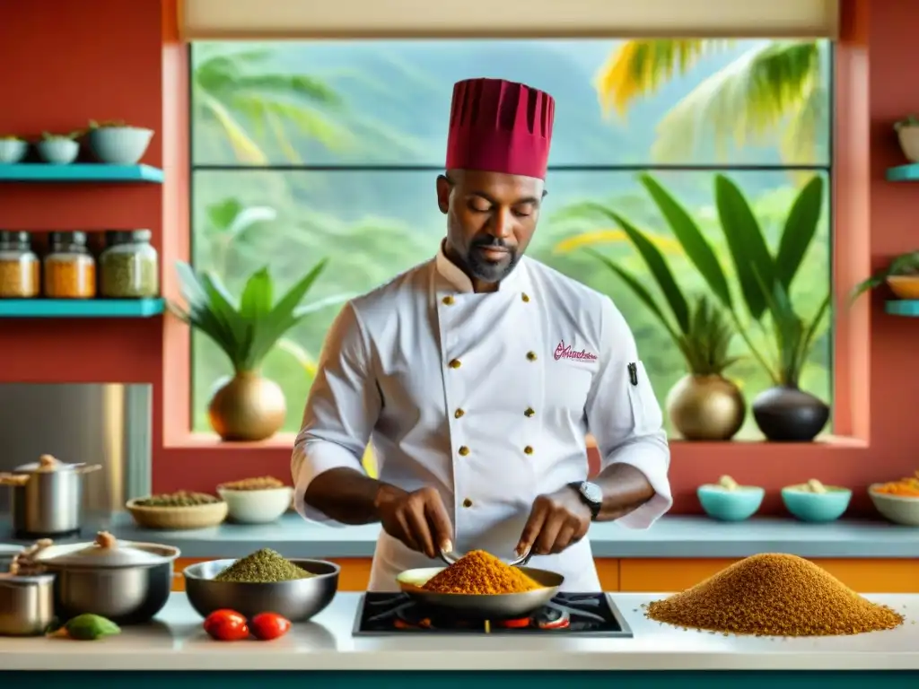 Chef martinicano fusionando sabores caribeños y técnicas francesas en una bulliciosa cocina llena de coloridos productos locales