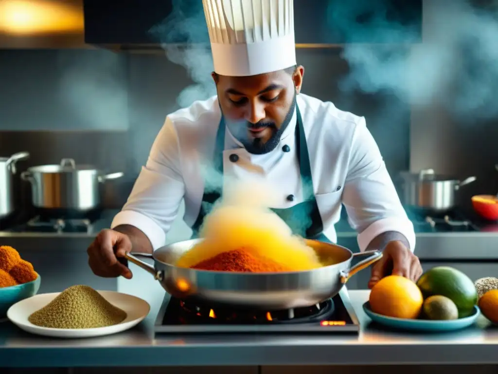 Un chef martiniqués fusionando ingredientes locales con técnicas globales en una cocina moderna