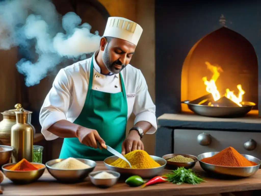 Un chef martiniqués preparando un plato con sabores martinica influencia culinaria india en una cocina rústica y colorida