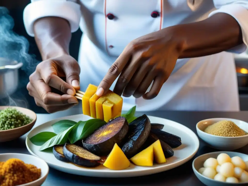 Un chef martiniqués preparando un plato tradicional que fusiona influencias culinarias africanas y francesas