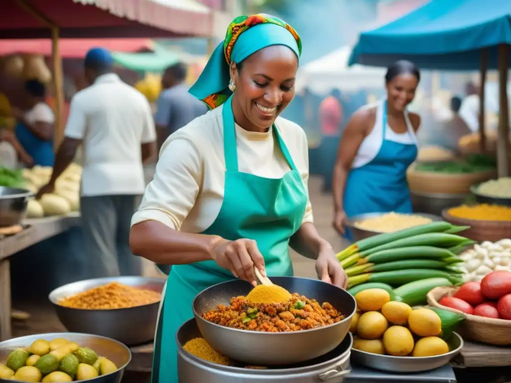 Un chef martiniqués prepara platos criollos en un bullicioso mercado al aire libre, rodeado de productos frescos