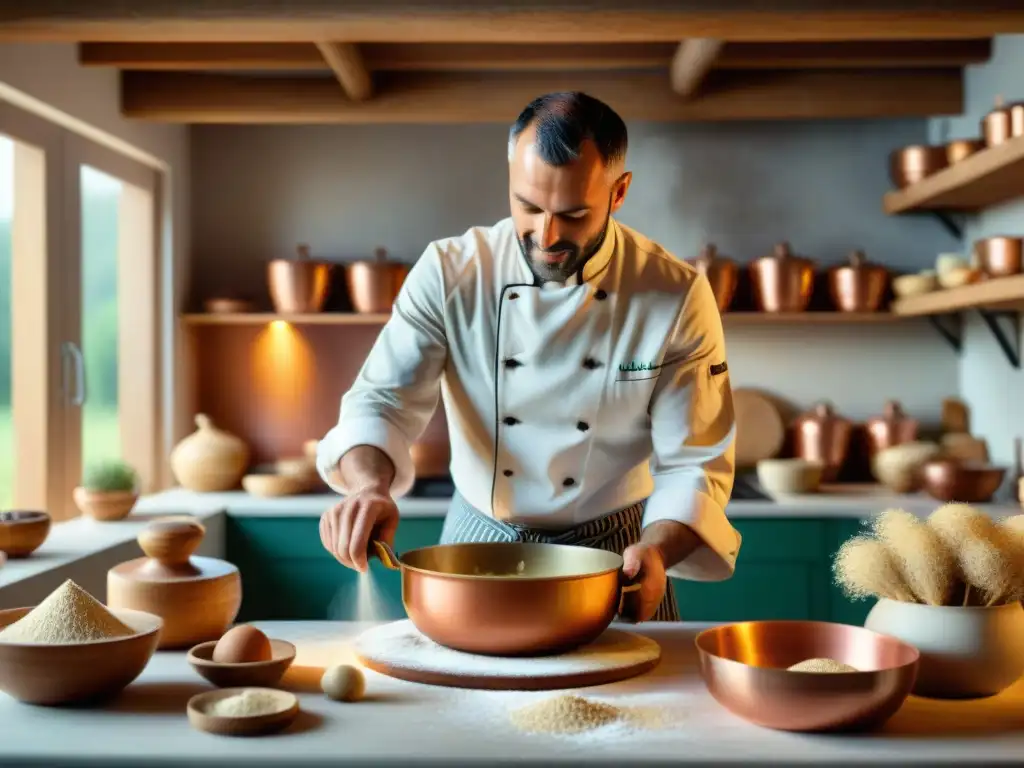 Chef francés amasa masa de trigo y centeno en cocina rústica, destacando la importancia de cereales en gastronomía francesa