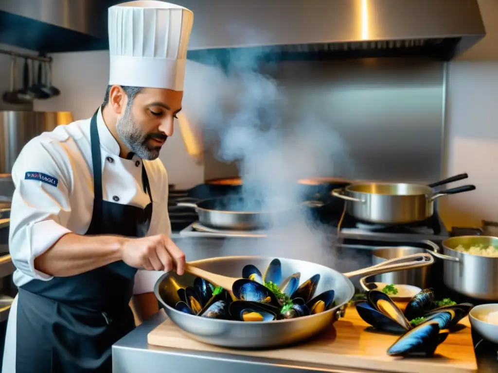 Chef francés preparando Moules Marinières con maestría Un chef francés prepara mejillones estilo francés en una cocina tradicional, capturando la esencia culinaria