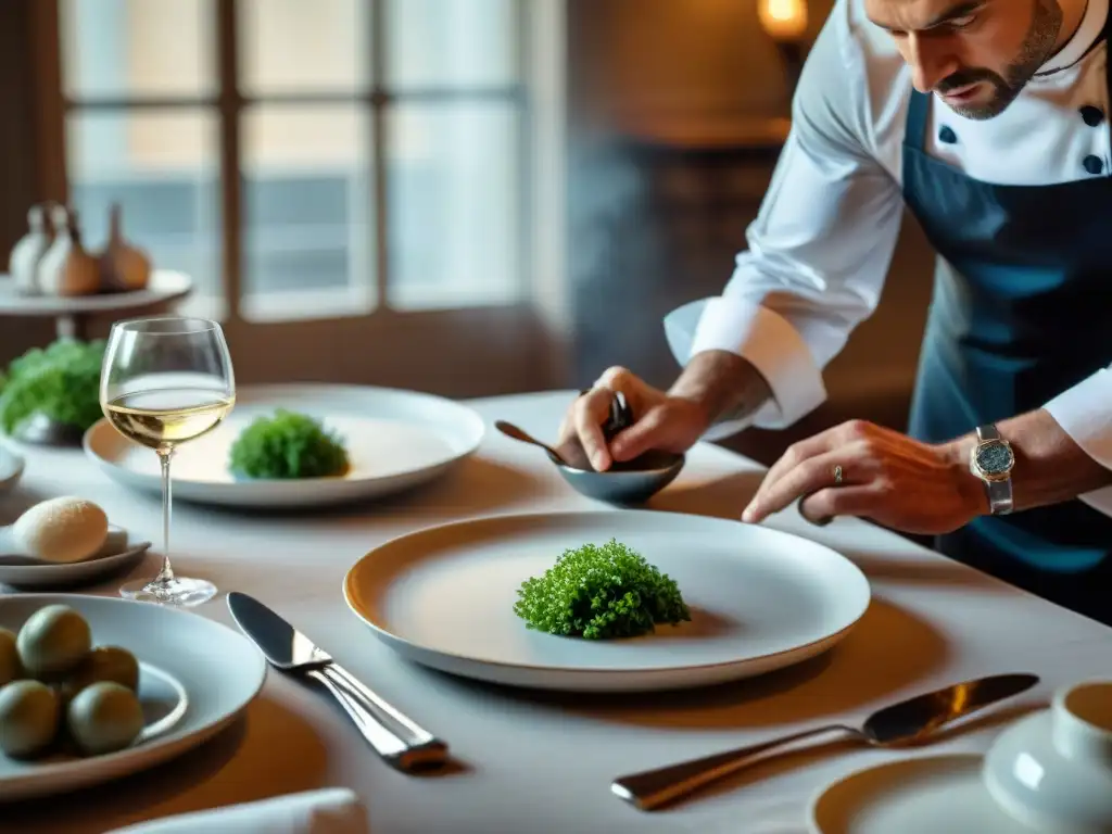 Un chef francés arregla menaje para presentación platos franceses con precisión y elegancia